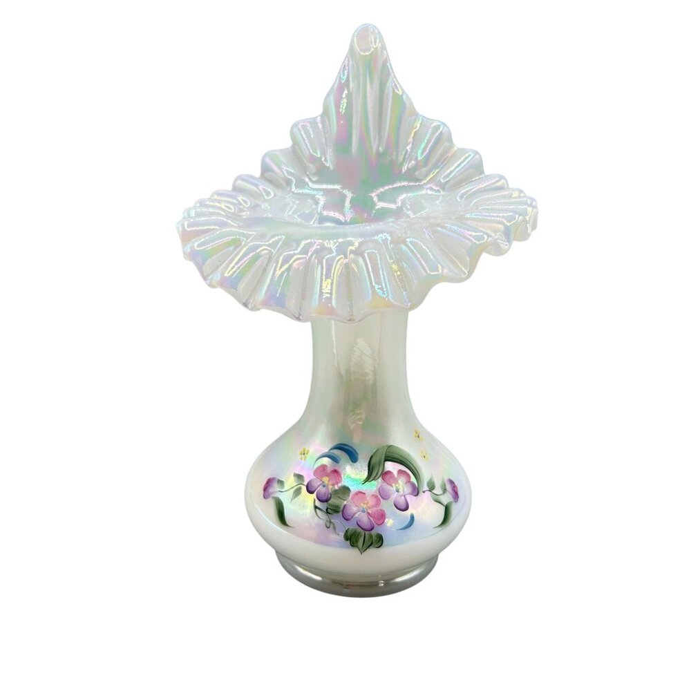 Fenton Jack in the Pulpit Ruffled Vase Iridescent Hand Painted Signed